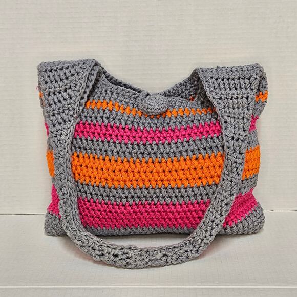 Vintage Handmade Gray/Pink/Orange Crocheted Shoulder Bag - Picture 2 of 8